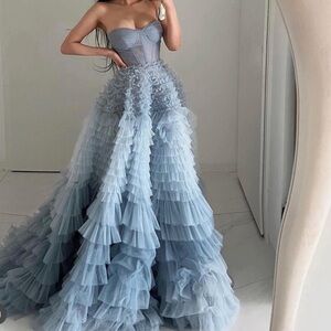 Never worn with tags Chic Strapless Blue Ruffle Dress